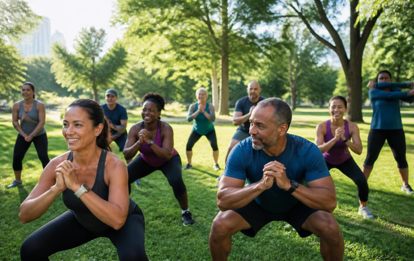 Adults of all fitness levels doing an outdoor group workout in a Davenport park on a Saturday morning